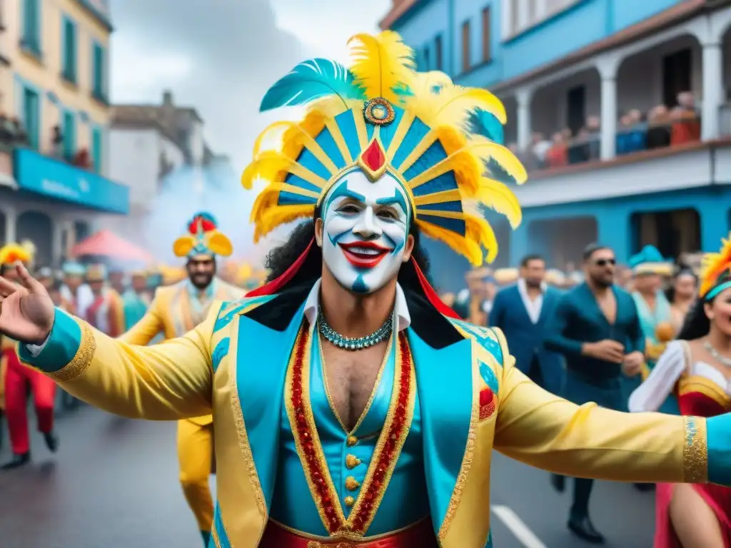 Desfile vibrante del carnaval en Uruguay: color y alegría Un vibrante desfile de carnaval en Uruguay con coloridos carros alegóricos, bailarines con trajes elaborados y multitudes alegres