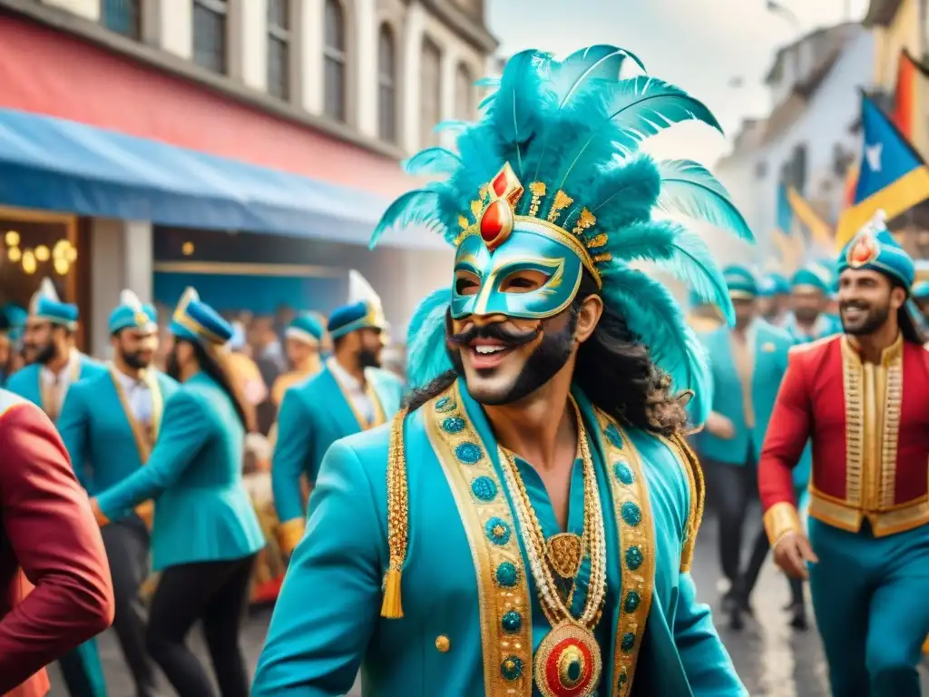 Deslumbrante Carnaval en Uruguay: Detalles coloridos y alegría Vibrante desfile de Carnaval en Uruguay: coloridos trajes, máscaras y danzas