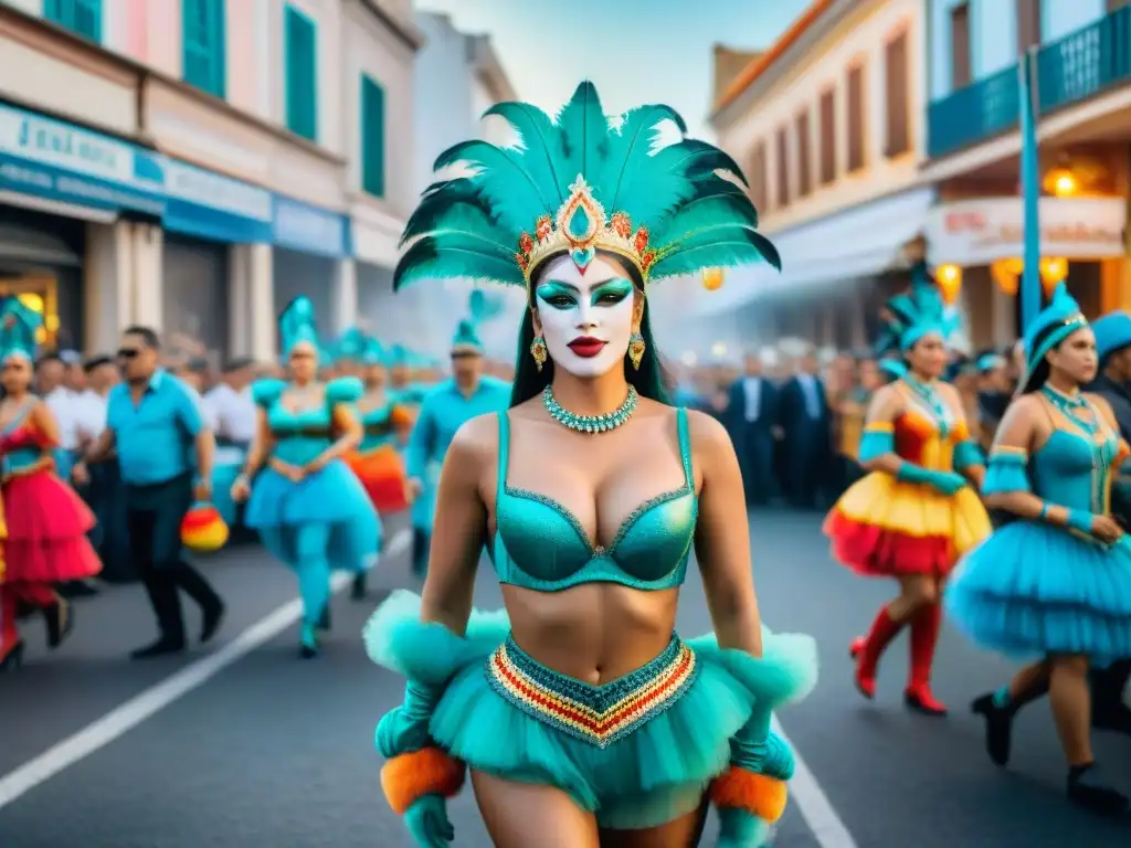 Espectacular desfile de Carnaval en Uruguay: un festín de colores y alegría Un vibrante desfile de Carnaval en Uruguay: coloridos carros alegóricos, bailarines y una multitud animada, reflejando la riqueza cultural y la alegría del evento