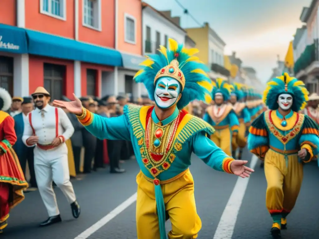 Desfile vibrante de Carnaval en Uruguay: pintura detallada Un vibrante desfile de Carnaval en Uruguay, con coloridos trajes y música tradicional, capturando la alegría y celebración