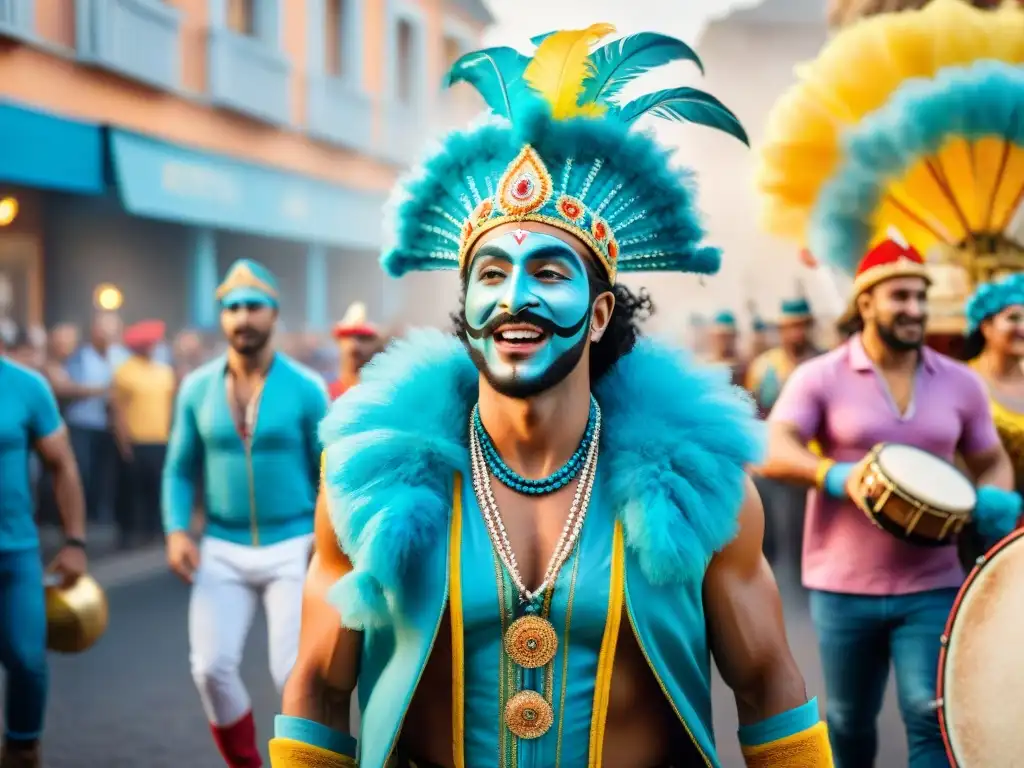 Desfile colorido y festivo del Carnaval en Uruguay Un vibrante desfile de Carnaval en Uruguay con coloridos trajes y músicos tocando tambores y panderos, rodeados de una multitud alegre