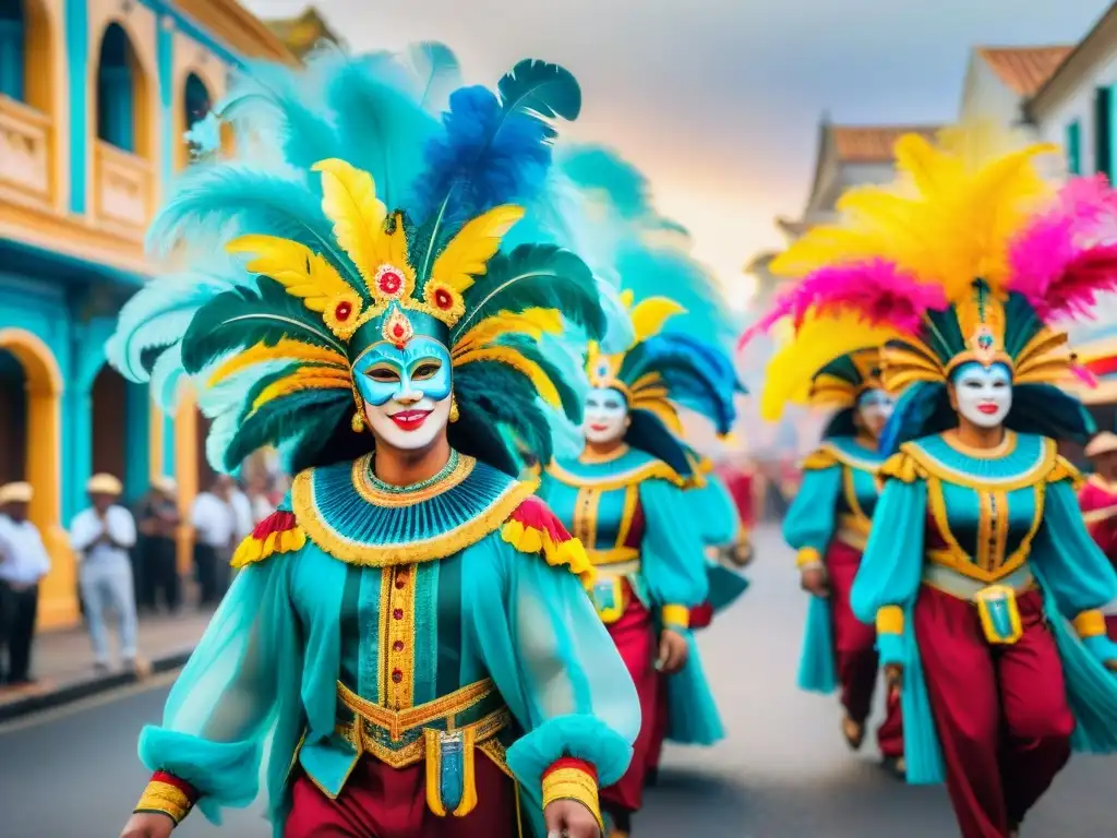 Pintura acuarela del Carnaval: colorida y vibrante Vibrante desfile de Carnaval, con coloridos trajes y máscaras, danzas alegres y música tradicional