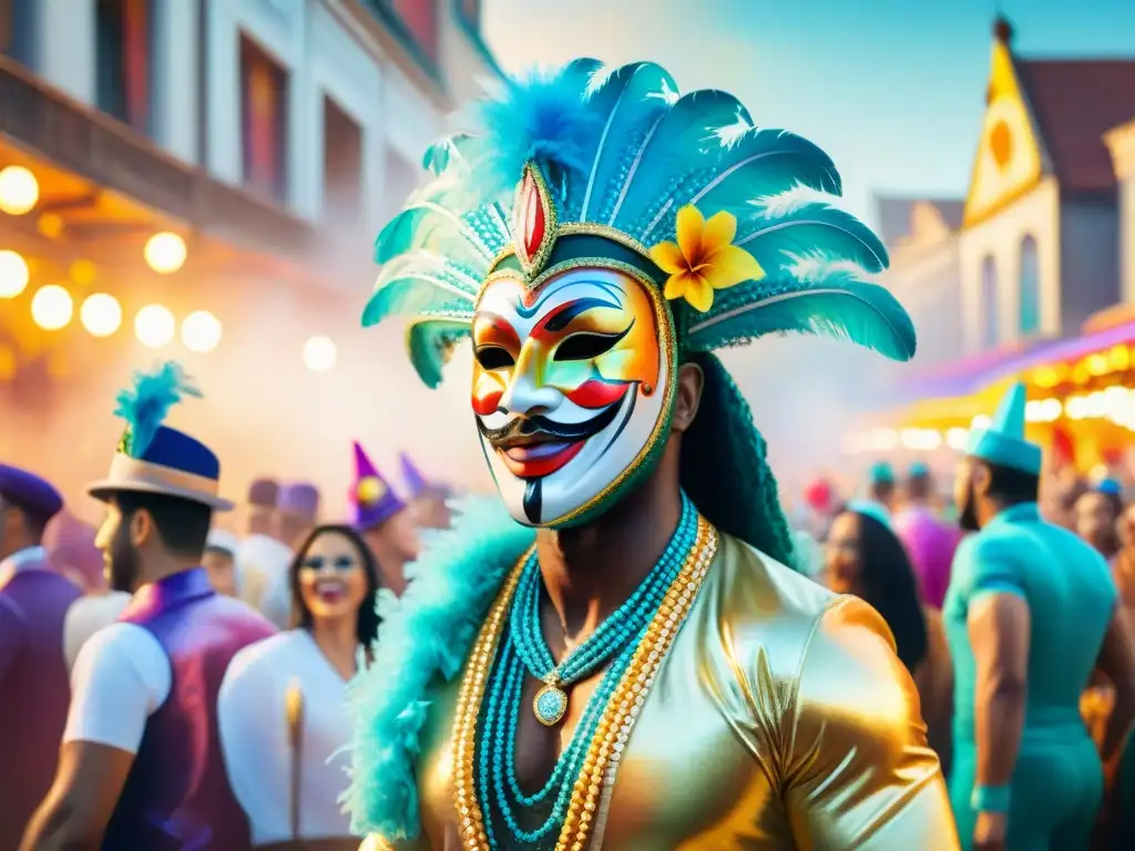 Desfile de Carnaval: Alegría y color en la calle Un vibrante desfile de Carnaval con coloridos carros alegóricos, bailarines y espectadores felices