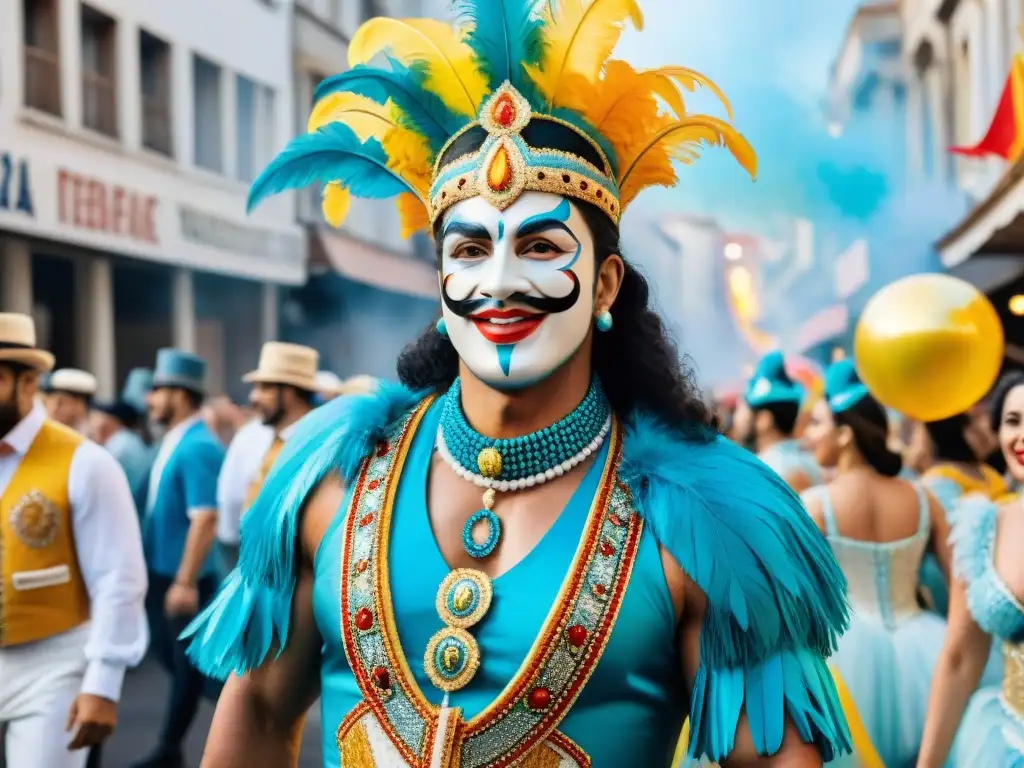 Deslumbrante desfile de carnaval en Uruguay Un vibrante desfile de carnaval en Uruguay con coloridos carros alegóricos, bailarines y multitudes animadas