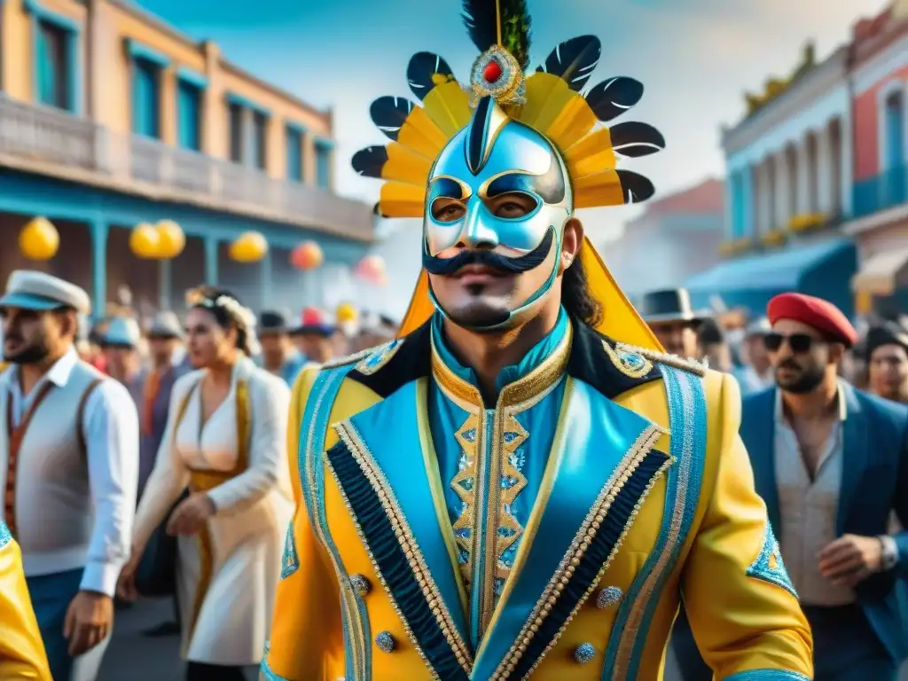 Deslumbrante desfile de carnaval uruguayo: tradición y modernidad Un vibrante desfile de carnaval en Uruguay con coloridos carros alegóricos y danzantes, reflejando la transformación digital del Carnaval Uruguayo