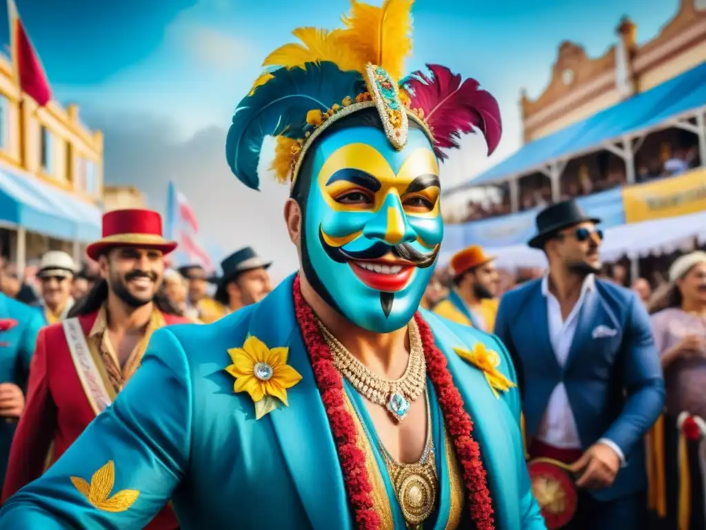 Deslumbrante desfile de Carnaval en Uruguay Un vibrante desfile de Carnaval en Uruguay, con coloridos carros alegóricos y danzantes en trajes extravagantes