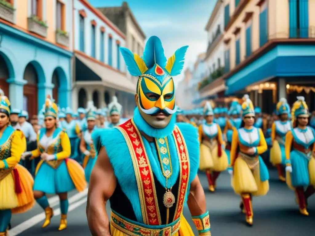 Desfile de Carnaval vibrante en Uruguay: pintura acuarela detallada Vibrante desfile de Carnaval en Uruguay con coloridos carros alegóricos y espectadores, reflejando la política en el Carnaval Uruguayo