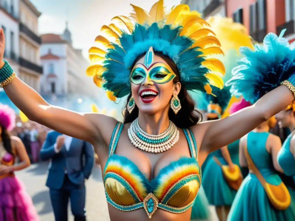 Deslumbrante desfile de Carnaval en Uruguay Un vibrante desfile de Carnaval en Uruguay, con coloridos trajes y música