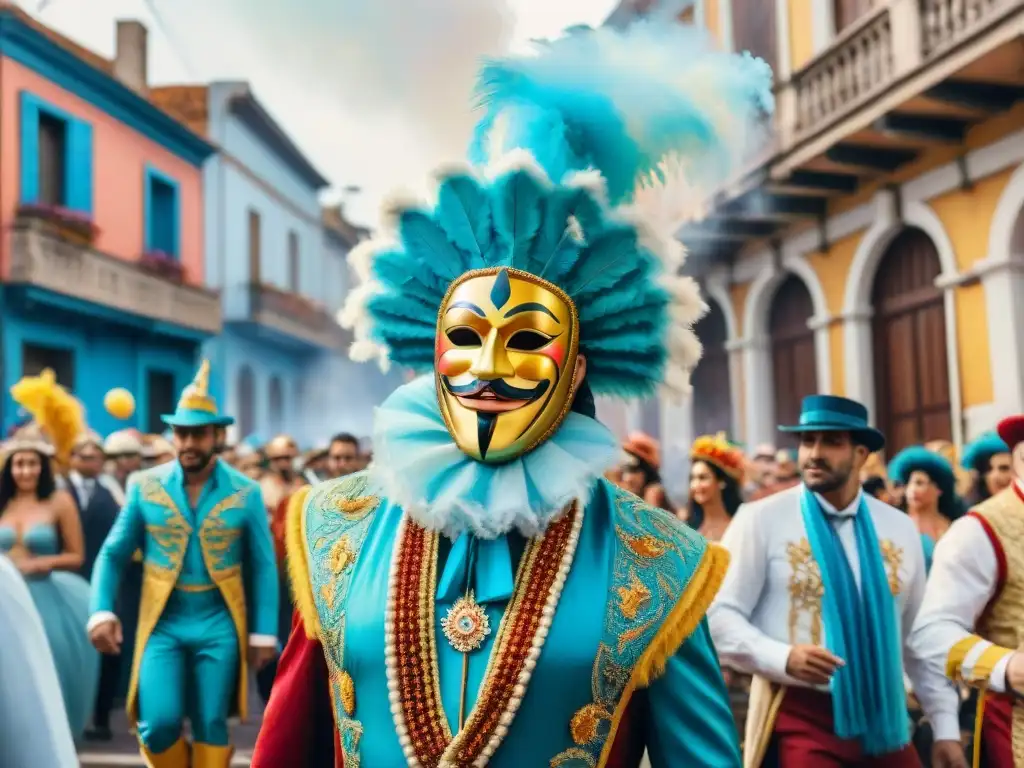 Carnaval en Uruguay: colorida procesión y alegría festiva Un vibrante desfile de carnaval en Uruguay con comparsas transformadas