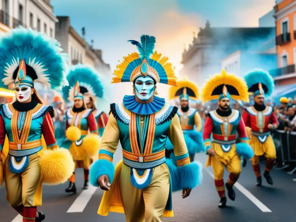 Carnaval uruguayo: fusión de tradición y vanguardia Vibrante desfile de Carnaval en Uruguay, fusionando tradición con innovación en comparsas y carros futuristas