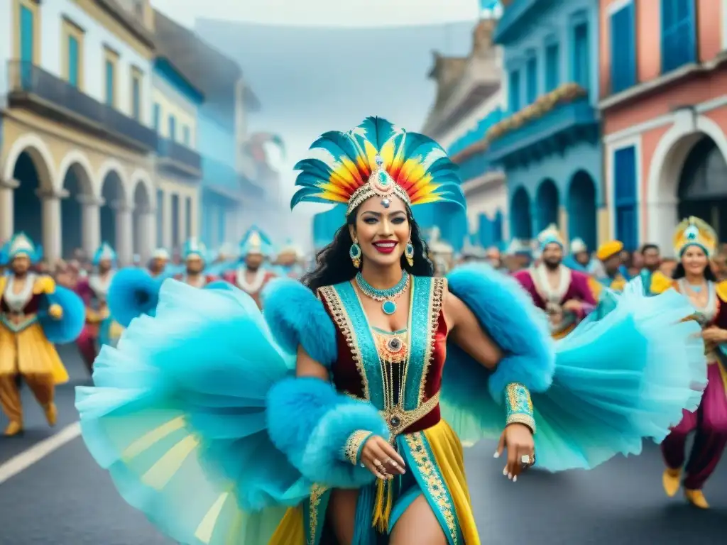 Pintura acuarela detallada en 8k de Carnaval en Uruguay Un vibrante desfile de Carnaval en Uruguay, conectando a la comunidad con coloridos trajes y música alegre