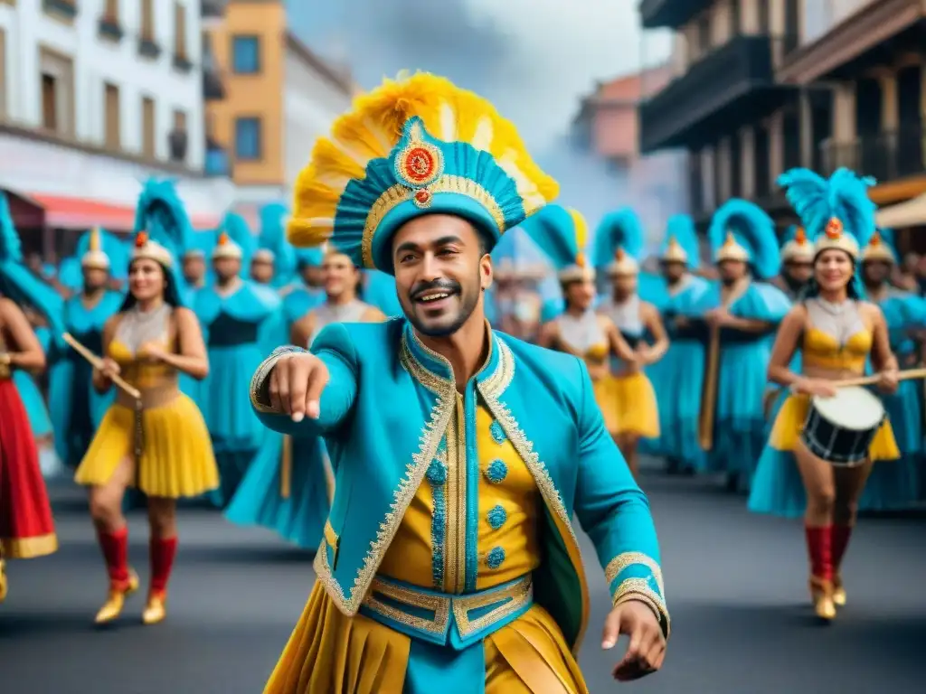 Vibrante desfile de Carnaval en Uruguay con danzantes y banderas coloridas, reflejando la pasión de coreógrafos del Carnaval
