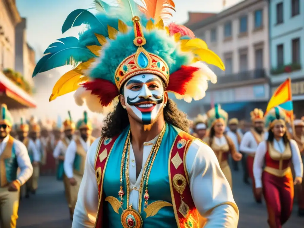 Desfile de Carnaval en Uruguay: Colorida celebración con ritmo y alegría Vibrante desfile de Carnaval en Uruguay, con danzantes y carros adornados
