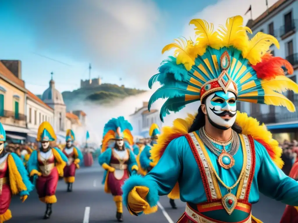 Carnaval Uruguayo: Desfile vibrante en acuarela Un vibrante desfile de carnaval en Uruguay con danzantes y carrozas coloridas
