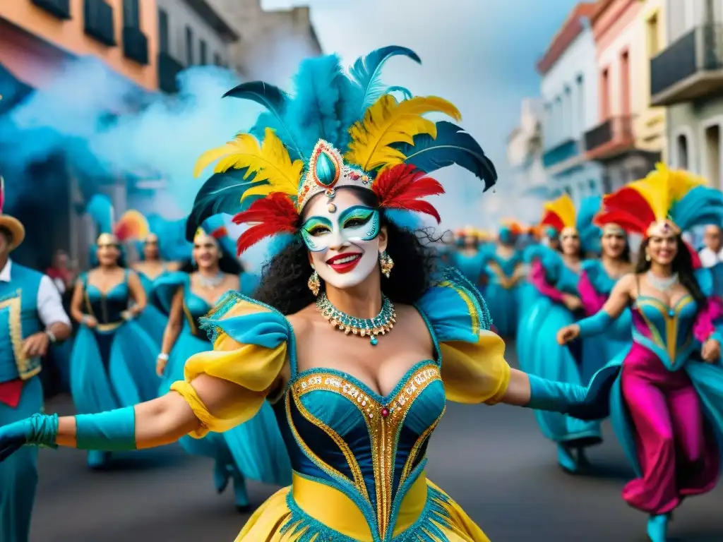 Deslumbrante desfile de Carnaval en Uruguay Un vibrante desfile de Carnaval en Uruguay con danzantes en trajes coloridos y detallados, reflejando la historia del vestuario en Uruguay