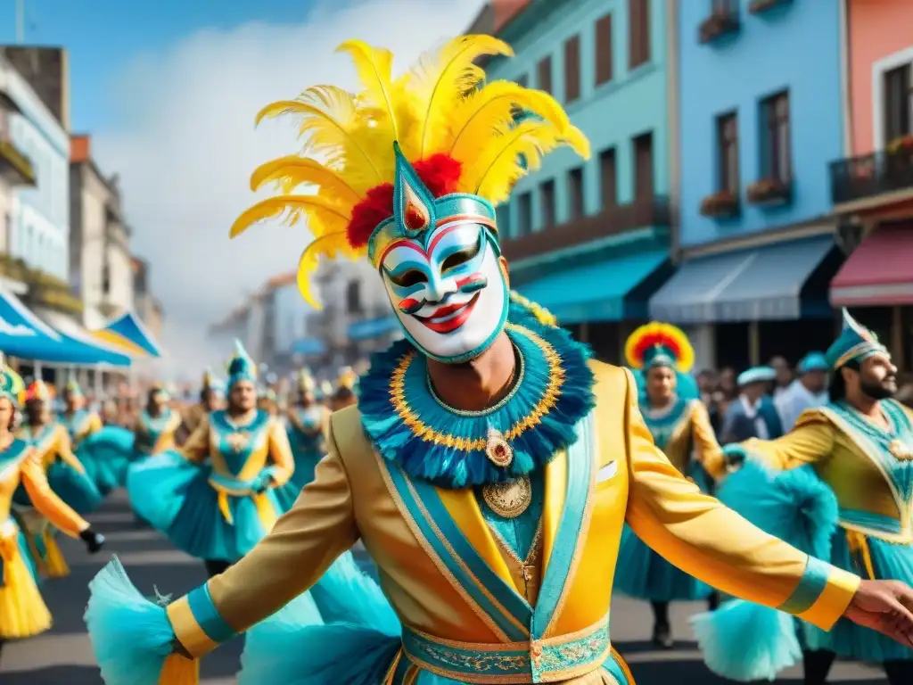 Deslumbrante Carnaval en Uruguay: vibrante y festivo desfile Un vibrante desfile de Carnaval en Uruguay con danzas, carrozas y espectadores alegres, capturado en una detallada acuarela