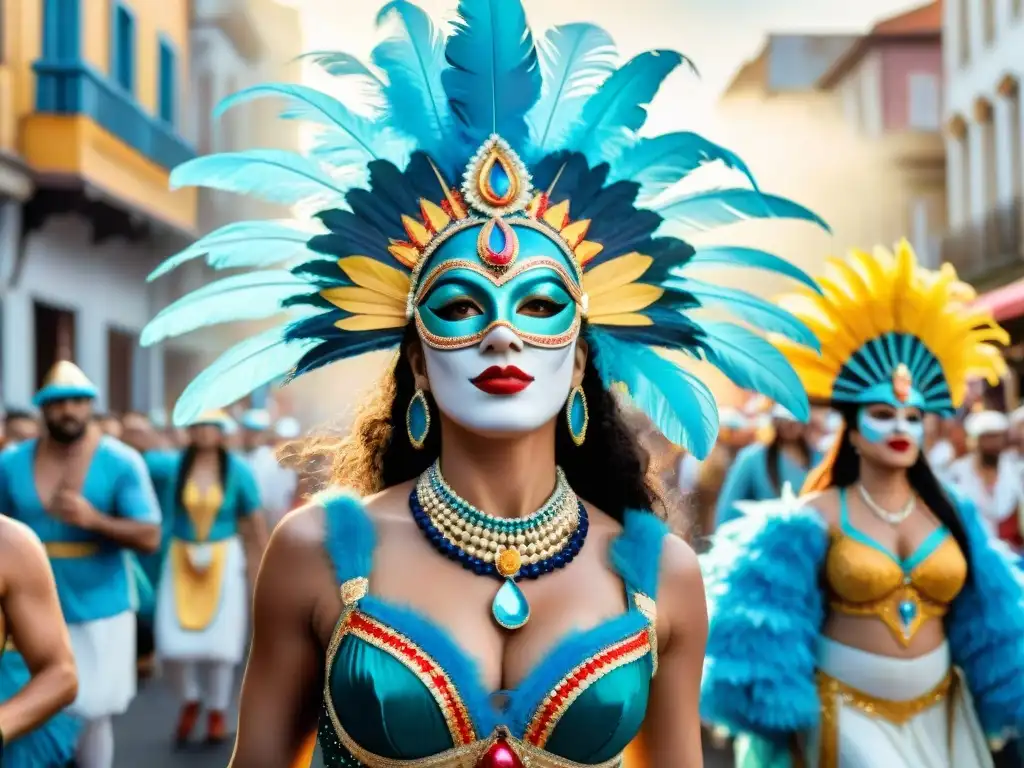 Deslumbrante Carnaval de Uruguay: bailes, máscaras y coloridos desfiles Un vibrante desfile en el Carnaval de Uruguay, con danzas y trajes tradicionales, máscaras y carrozas, mostrando la influencia religiosa