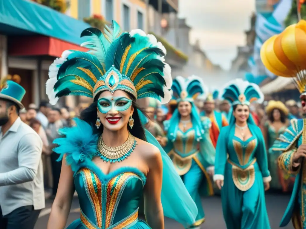 Pintura acuarela detallada del vibrante carnaval en Uruguay Un vibrante desfile de Carnaval en Uruguay con detallados trajes y coloridos carros alegóricos