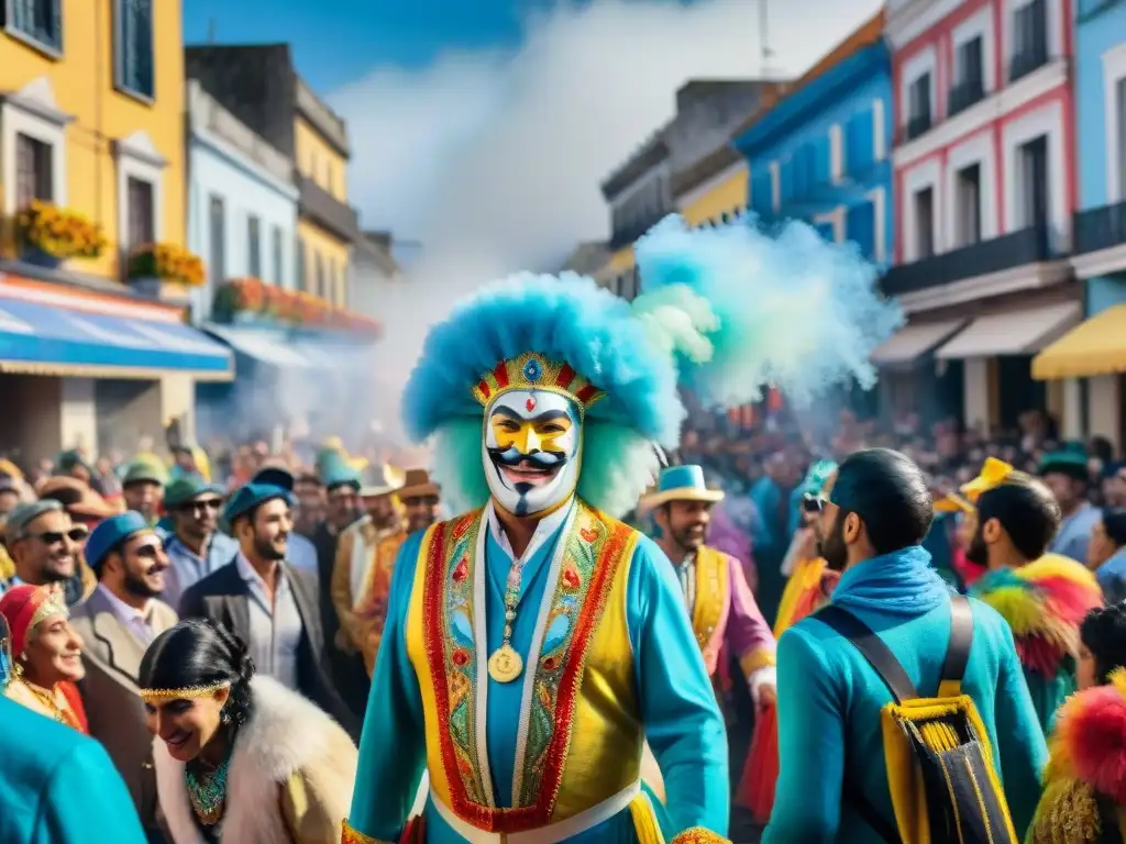 Vibrante pintura acuarela del Carnaval en Uruguay Un vibrante desfile de Carnaval en Uruguay con detallados trajes y carros alegóricos