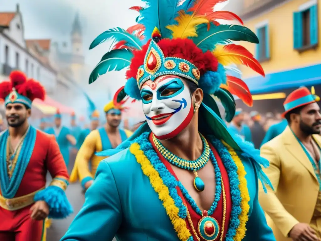 Deslumbrante desfile de Carnaval en Uruguay Vibrante desfile de Carnaval en Uruguay: detallados trajes, carrozas y bailarines moviéndose al ritmo de la música