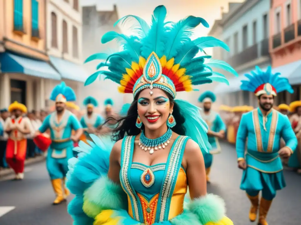 Deslumbrante Carnaval en Uruguay: Celebración vibrante y colorida Un vibrante desfile de Carnaval en Uruguay con detalles sostenibles y coloridos