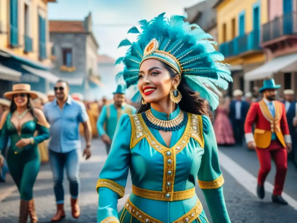 Desfile de Carnaval en Uruguay: colores vibrantes y alegría Un vibrante desfile de Carnaval en Uruguay con disfraces coloridos y patrones elaborados, lleno de alegría y música tradicional
