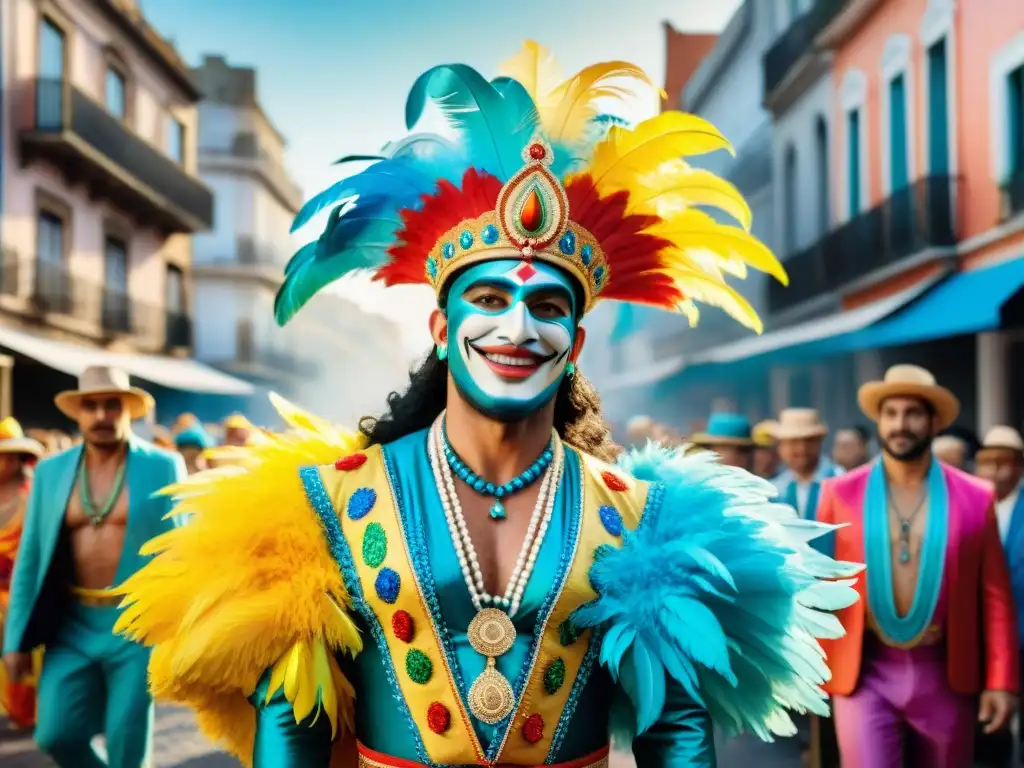 Carnaval en Uruguay: Colorida celebración en Montevideo Un vibrante desfile de Carnaval en Uruguay, con disfraces del Carnaval Uruguayo y una atmósfera festiva