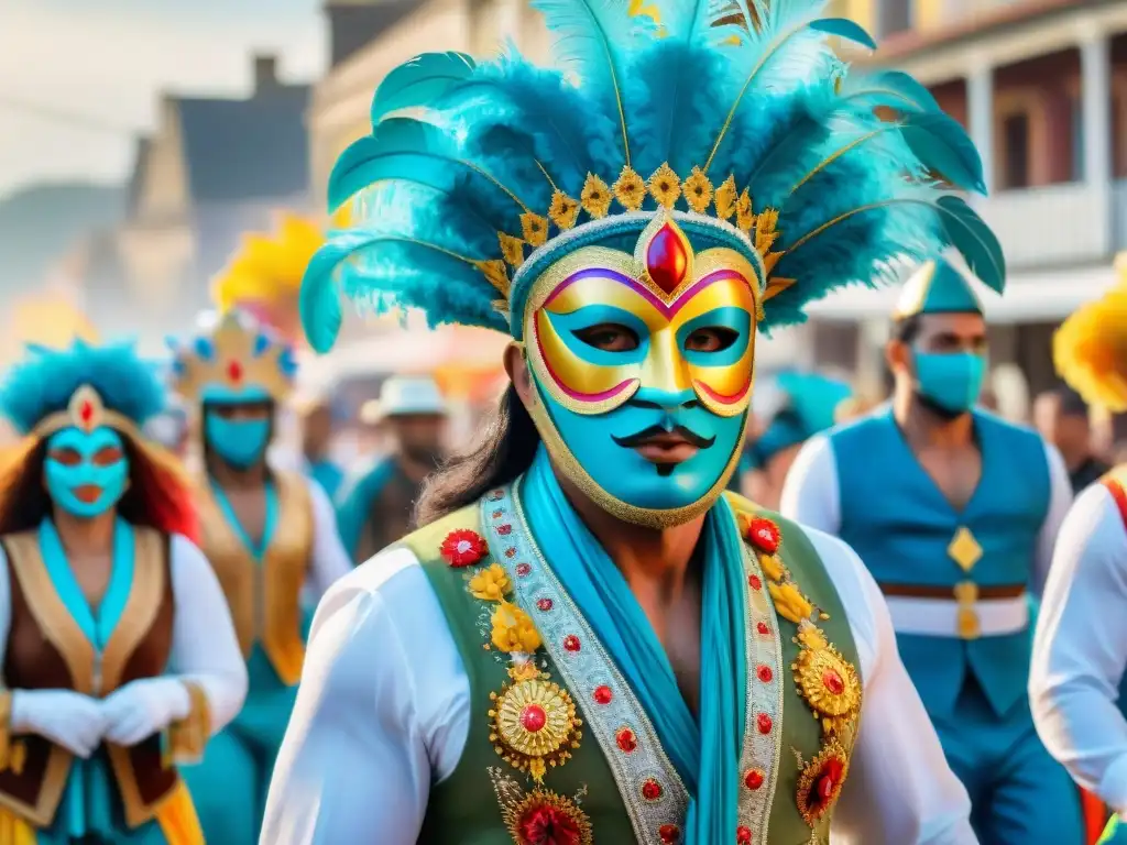 Colorido carnaval en Uruguay: pintura acuarela ultradetallada Vibrante desfile de carnaval en Uruguay, con diversidad cultural y coloridos trajes