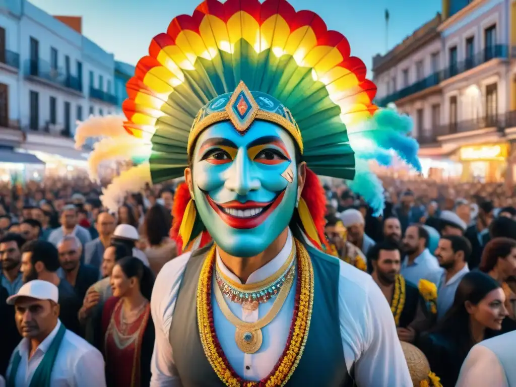 Flotante tecnológico en Carnaval Uruguayo Un vibrante desfile de Carnaval en Uruguay con elementos tecnológicos y tradicionales
