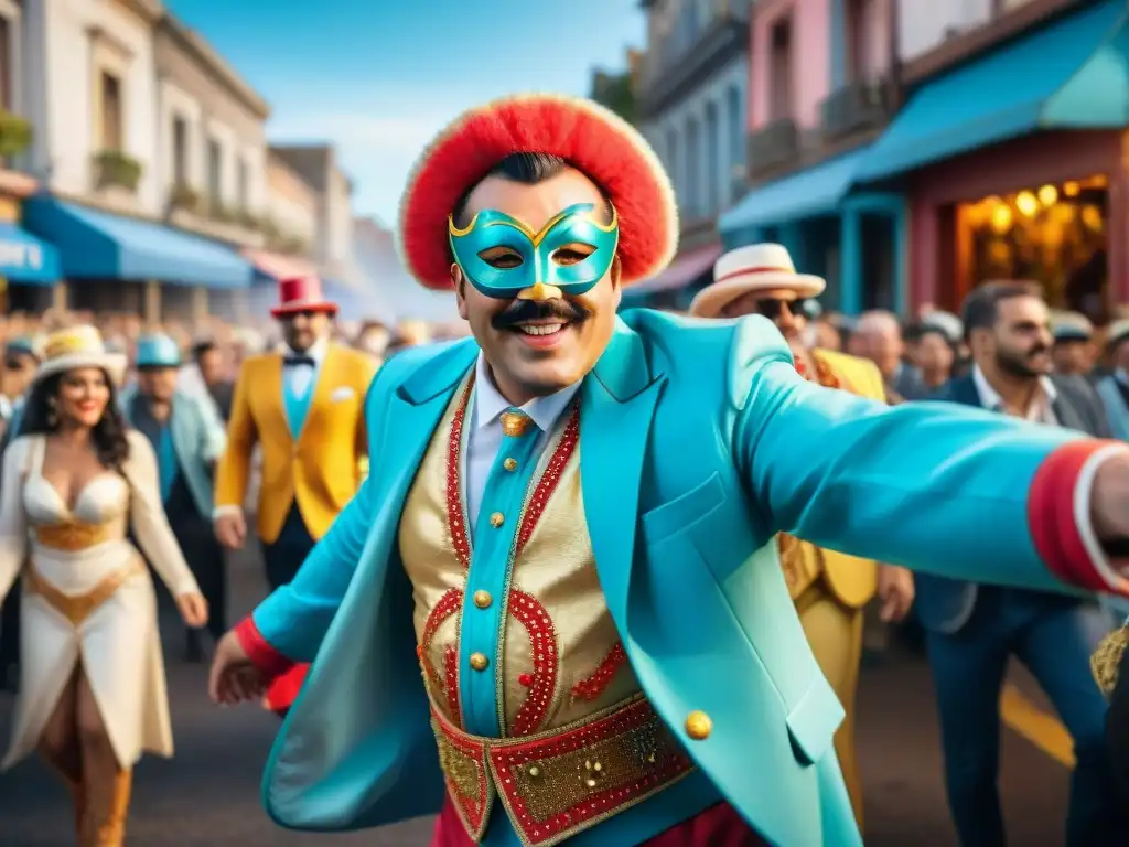 Colorido desfile de Carnaval en Uruguay: La Mama Vieja y El Gramillero Vibrante desfile de carnaval en Uruguay con figuras icónicas y colorido confeti