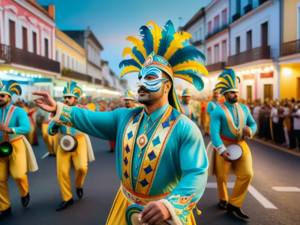 Pintura acuarela: Carnaval vibrante en Uruguay Un vibrante desfile de Carnaval en Uruguay ilustrado con acuarelas, destacando la creatividad de los Ilustradores del Carnaval Uruguayo