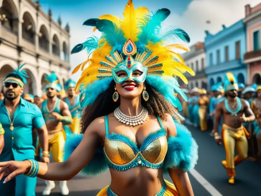 Deslumbrante desfile de Carnaval en Uruguay: colores y tradición Vibrante desfile de Carnaval en Uruguay resaltando la importancia de complementos en la celebración cultural