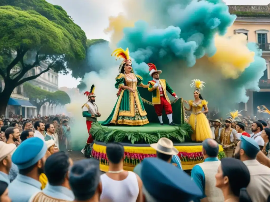 Desfile de Carnaval en Uruguay: Celebración de la diversidad y la unidad Float vibrante en desfile de Carnaval Uruguay, con influencia de diásporas, diversidad y ritmo contagioso