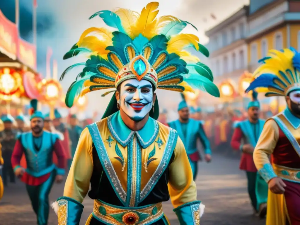Deslumbrante desfile de Carnaval uruguayo Un vibrante desfile de Carnaval en Uruguay con influencia de revistas, lleno de color y energía
