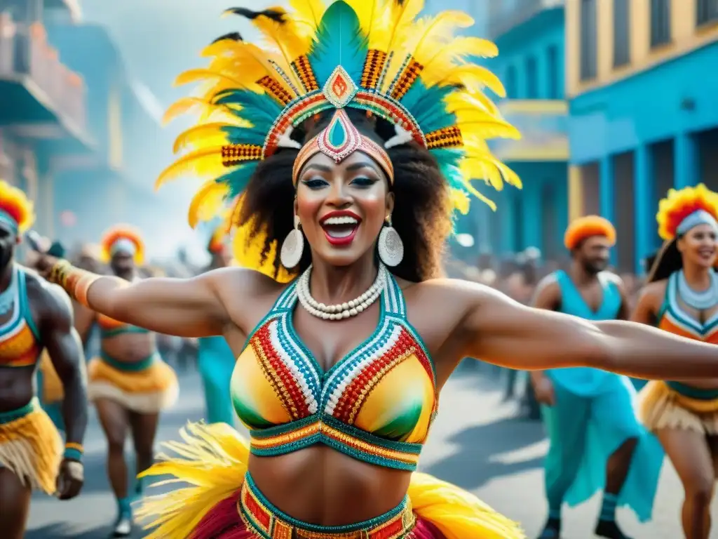 Colorido Carnaval en Uruguay: Danza y tradición africana Un vibrante desfile de Carnaval en Uruguay con influencia africana en los coloridos trajes y la energía festiva
