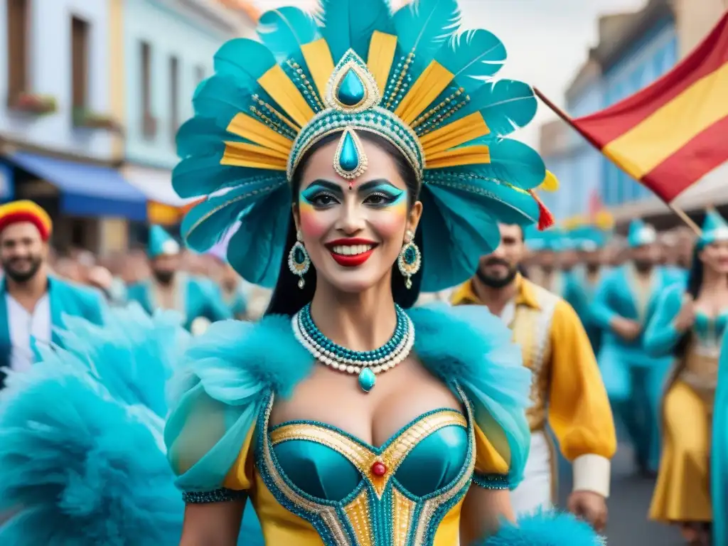 Deslumbrante Carnaval de Uruguay: Fusión Cultural Vibrante Un vibrante desfile de Carnaval en Uruguay, fusionando influencias europeas en un festivo y colorido evento
