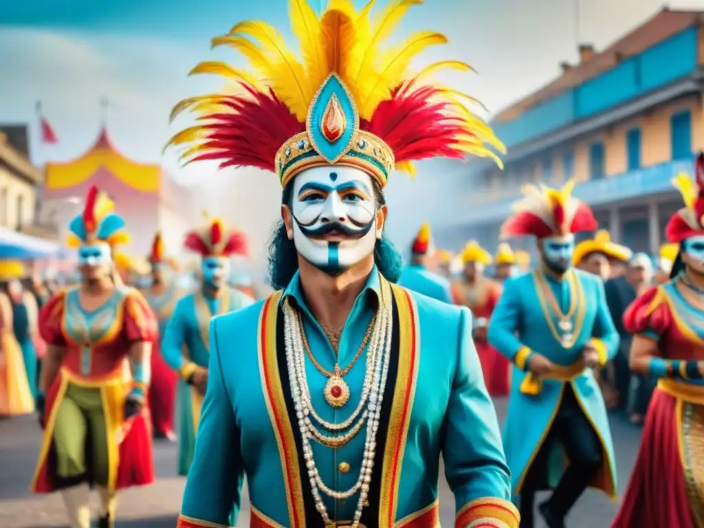 Carnaval en Uruguay: pintura acuarela 8k detallada y vibrante Vibrante desfile de Carnaval en Uruguay con innovaciones en trajes y carrozas, música tradicional y colores dinámicos