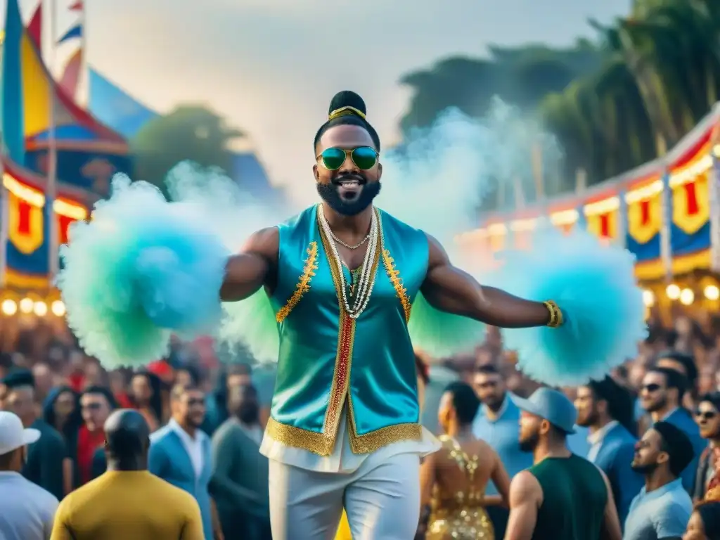 Desfile colorido de carnaval con integración de Reddit Un vibrante desfile de carnaval con integración de Reddit en la celebración, floats coloridos y espectadores animados