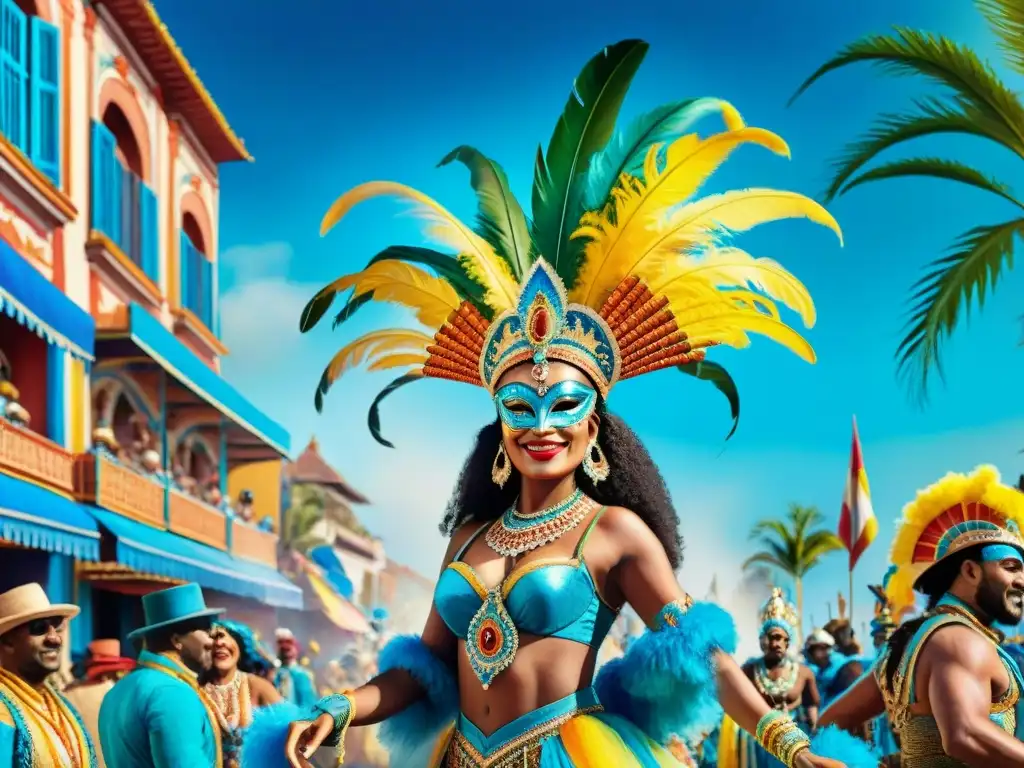 Desfile colorido de Carnaval: celebración y diversidad Un vibrante desfile de Carnaval con intercambios culturales en atuendos coloridos y detallados, lleno de alegría y celebración