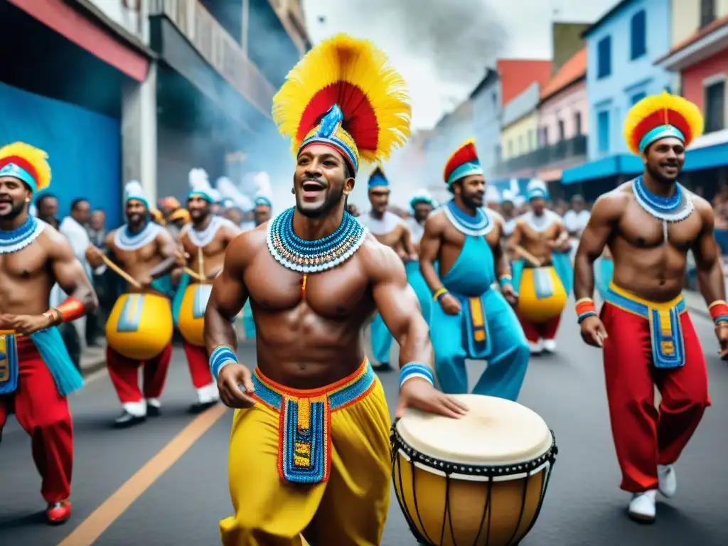 Pintura acuarela detallada de Carnaval en Uruguay Vibrante desfile de Carnaval en Uruguay, capturando el legado africano con trajes coloridos y tambores de Candombe