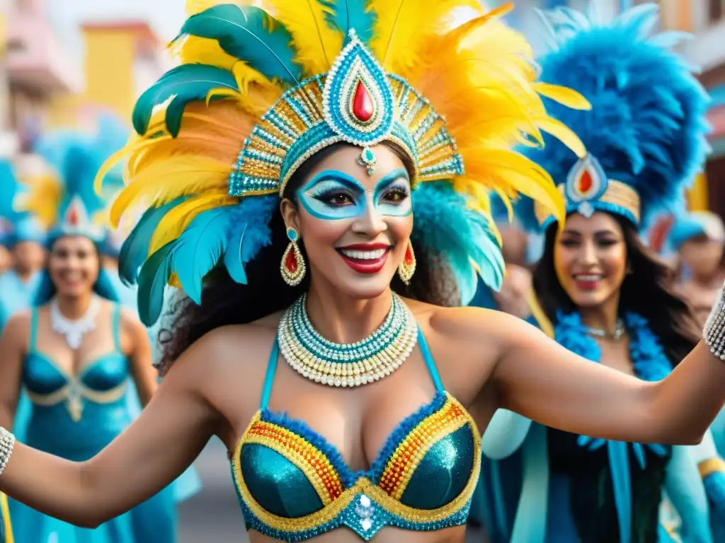 Mujeres líderes en el vibrante Carnaval uruguayo Un vibrante desfile de Carnaval en Uruguay liderado por mujeres con trajes coloridos y llamativos