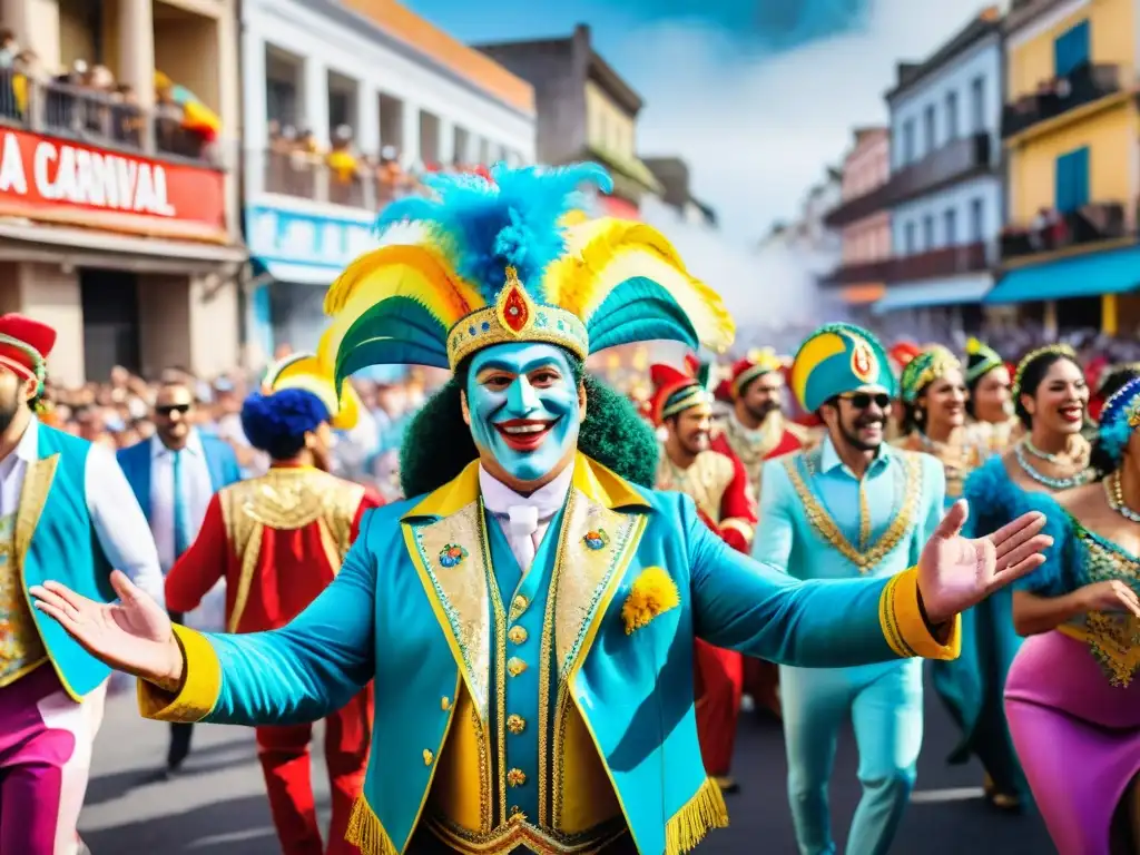 Desfile de Carnaval en Uruguay: Alegría y Colorido Un vibrante desfile de Carnaval en Uruguay, lleno de coloridos trajes y carrozas detalladas, reflejando la festividad y la comunidad