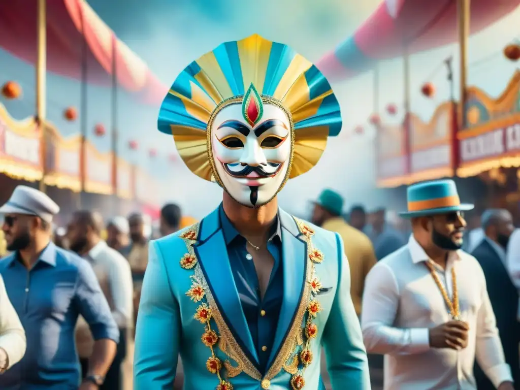 Desfile de Carnaval: Máscaras y trajes vibrantes en un mercado bullicioso Vibrante desfile de Carnaval con máscaras y trajes elaborados