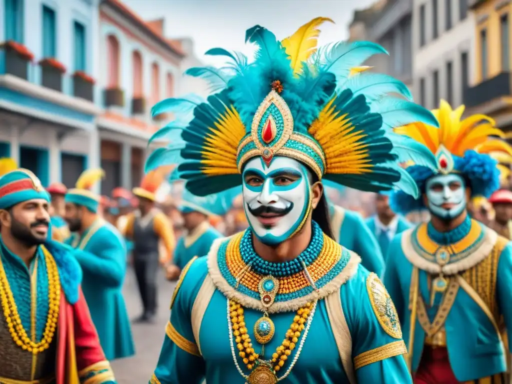Festejo vibrante: Carnaval en Uruguay Vibrante desfile de Carnaval en Uruguay con músicos, danzas y coloridos trajes