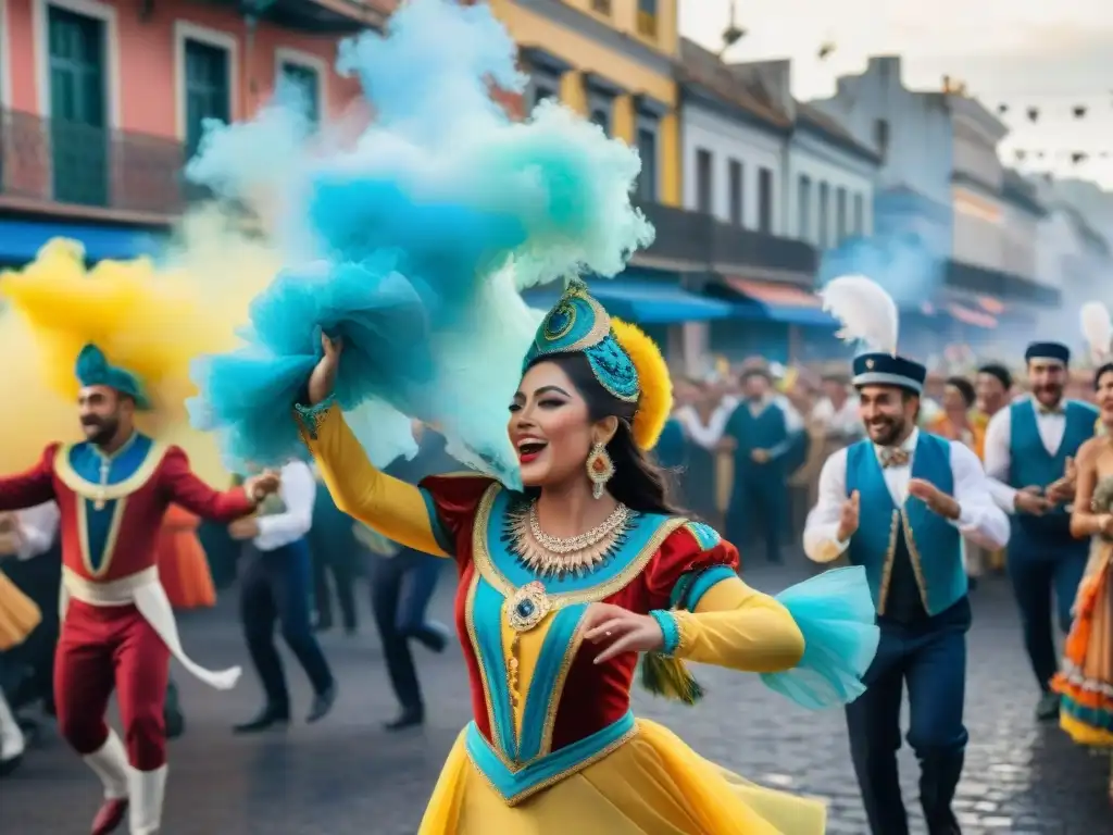 Carnaval en Uruguay: Desfile colorido y festivo Un vibrante desfile de Carnaval en Uruguay con Patrocinios exitosos en Carnaval Uruguayo, lleno de coloridos trajes y alegría contagiosa