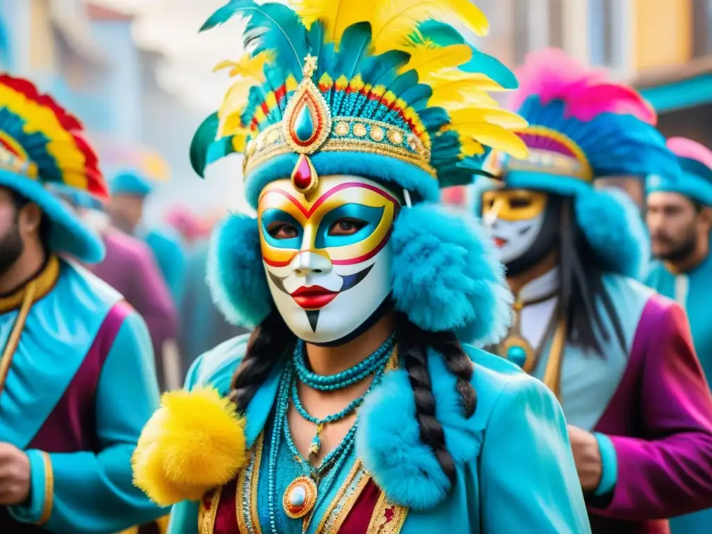 Vibrante ilustración acuarela del carnaval uruguayo Un vibrante desfile de Carnaval en Uruguay con personajes y trajes coloridos, reflejando la riqueza cultural