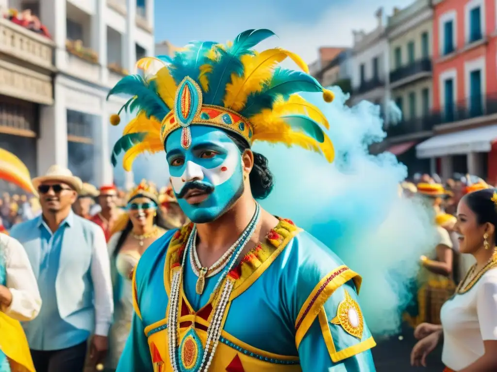 Deslumbrante carnaval uruguayo: color, música y precaución Un vibrante desfile de Carnaval en Uruguay con prevención de deshidratación