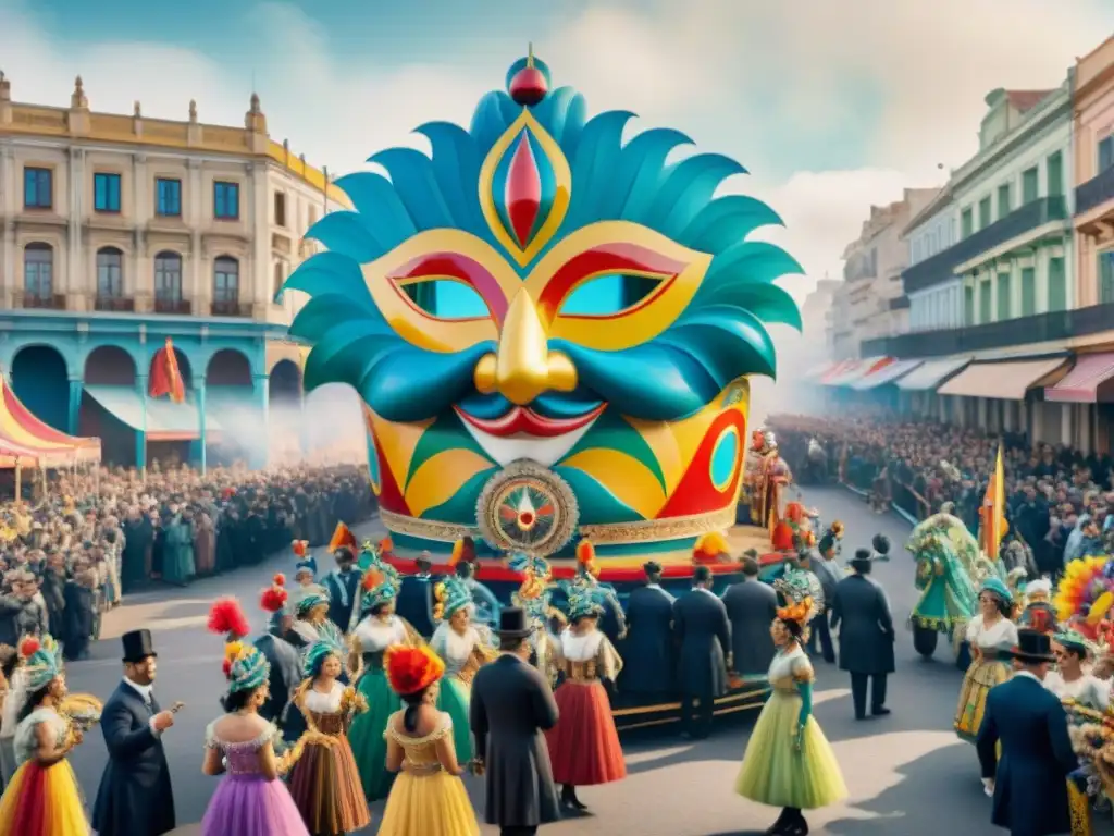 Carnaval colorido en Montevideo, Uruguay: pintura acuarela del siglo XX Un vibrante desfile de carnaval en Uruguay en el siglo XX