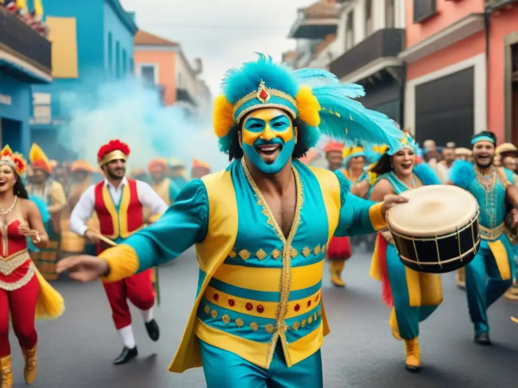 Colorida fiesta de Carnaval en Uruguay: ¡baile, música y alegría! Un vibrante desfile de Carnaval en Uruguay con música tradicional y coloridos trajes, evocando la evolución música Carnaval Uruguayo