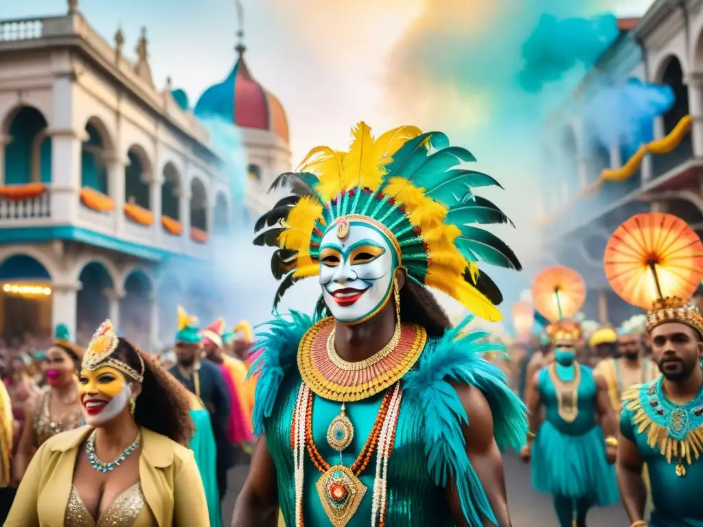 Deslumbrante desfile de Carnaval: alegría y color Una ilustración acuarela vibrante de un desfile de Carnaval con trajes elaborados, carrozas coloridas y espectadores alegres